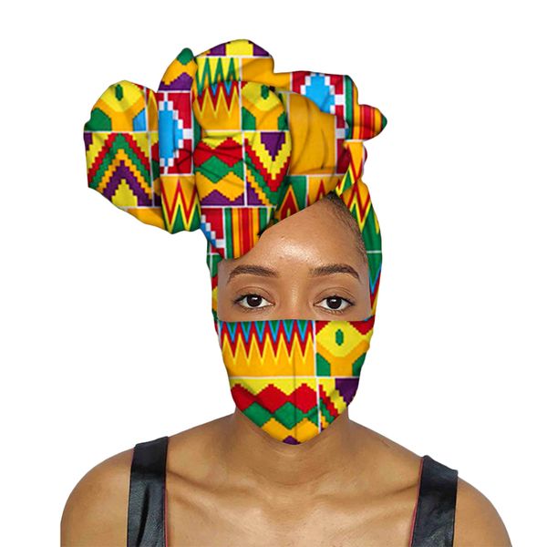 

african headwrap women wax fabric traditional headtie scarf turban set with matching picture protection set h031, Blue;gray