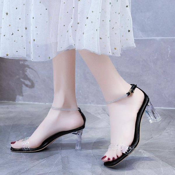 

sandals transparent heel women crystal pvc open toe summer concise party dress clear mujer, Black
