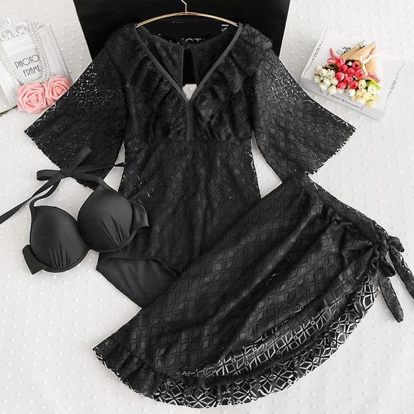 

one-piece suits staerk black large swimsuit women's 200jin conservative thin skirt style triangle long sleeve lace three piece set