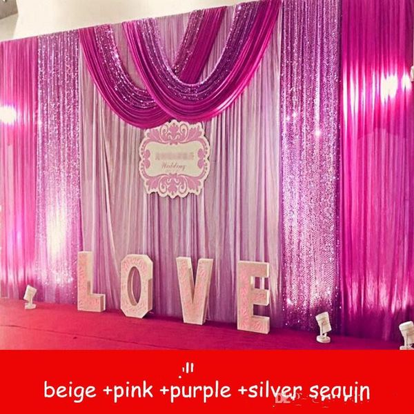 Decortões do casamento da festa Sparkly 3mx6m Cenários do contexto do casamento com lantejoulas roxas de prata Swag Celebração Fase de desempenho