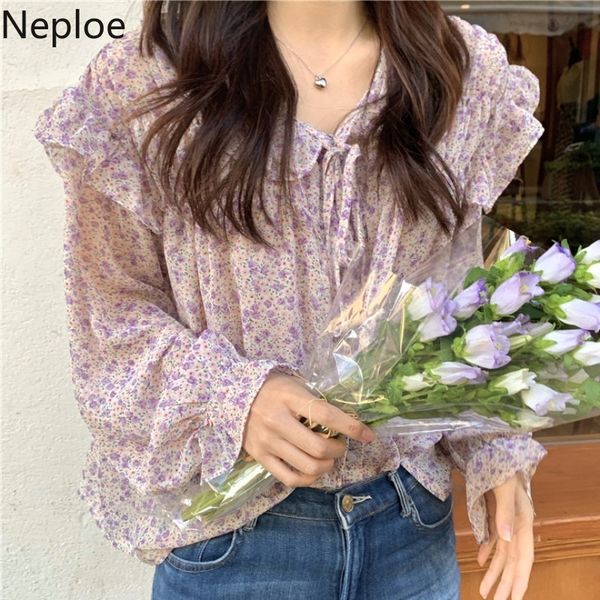 

neploe shirt chic loose print korean fashion blouses women chiffon single breasted ruffles shirts thin sweet blusas 210422, White