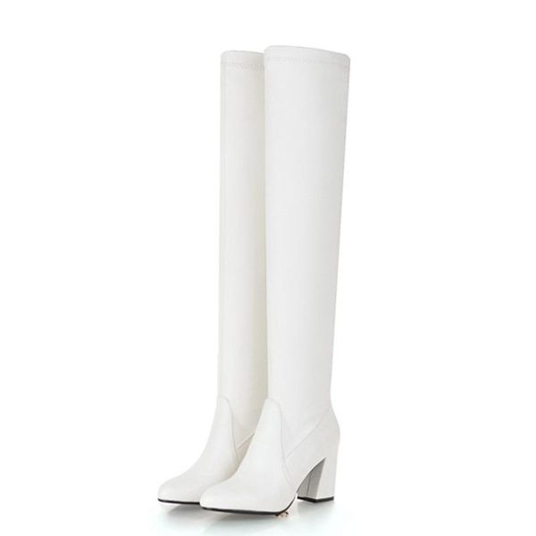 

boots fashion over the knee woman shoes square high heel thigh black white soft pu leather elastic shoe winter ladies