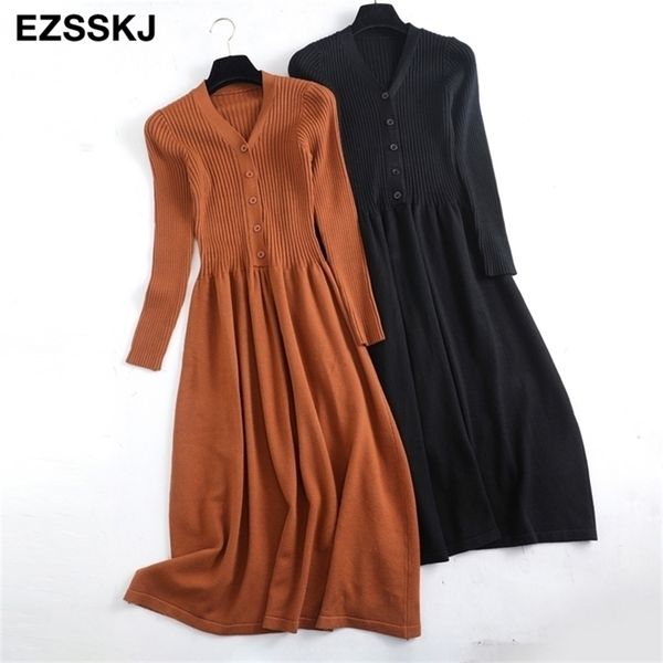 

autumn winter knit long dres casual v-neck slim bodycon robe sweater es office lady thick maix 211112, Black;gray