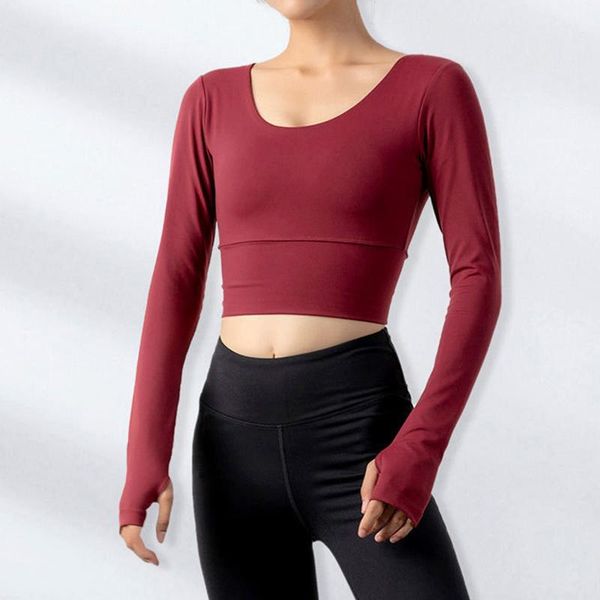 

women's padded sports long sleeve strappy backless workout with thumb hole sal99 yoga outfit