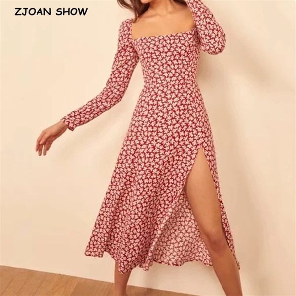 

retro red white floral print long sleeve slit dress woman vintage french square collar chiffon split dresses holiday 210429, Black;gray