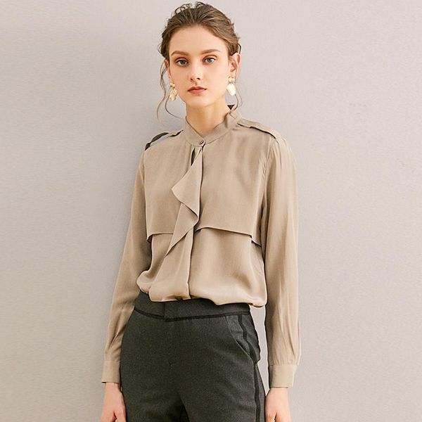 

women's blouses & shirts 100% silk blouse women shirt plus size solid ruffld elegant simple design long sleeves casual graceful style f, White