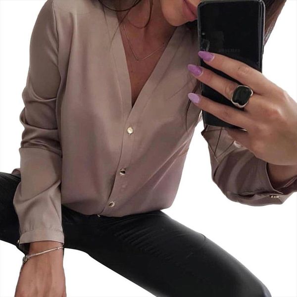 

fashion solid white office womens blouses workwear spring summer long sleeve chiffon blouse female elegant v neck