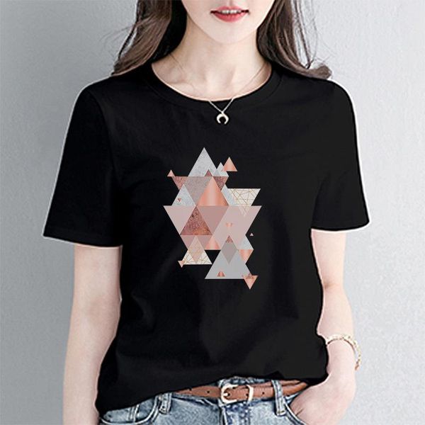 

women's t-shirt geometric girls fashion print black o-neck ladies t-shirts female tees 2021 summer casual students tshirt, White