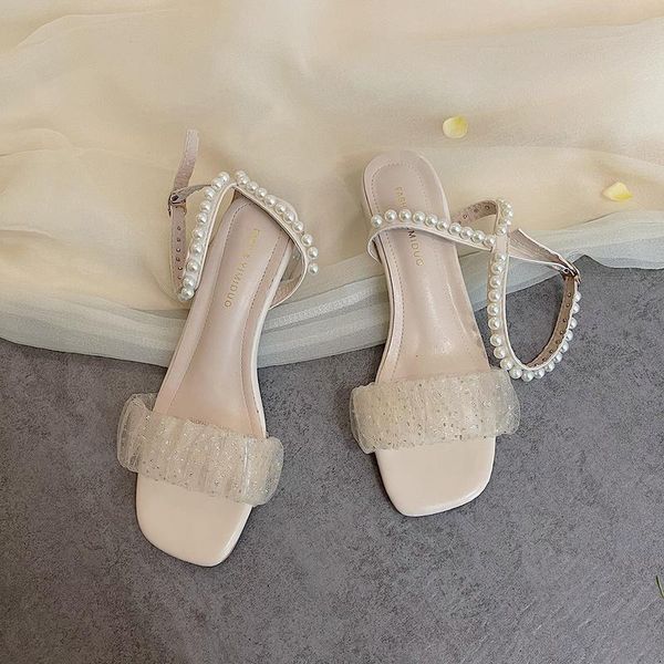 

sandals roman chunky heel for women summer college students 2021 fairy wind with gentle lace pearl evening shoes, Black