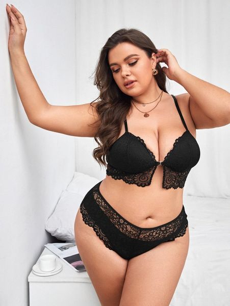 

plus floral lace cross back lingerie set g5ps#, Black;white