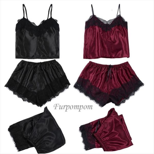 

3pcs satin lace mesh black women sleepwear red colors homewear nightwear pyjamas set female outfits home suit, Black;red