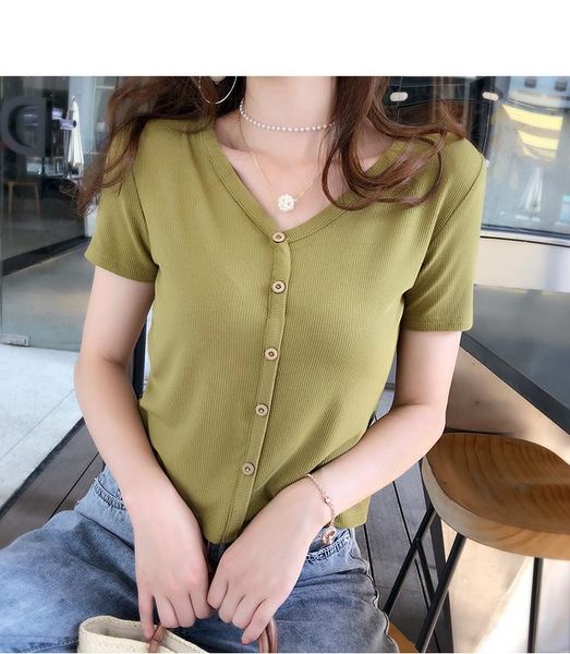 

women's t-shirt women spring summer v neck short sleeve casual crop shirt solid button tee mujer 2021, White
