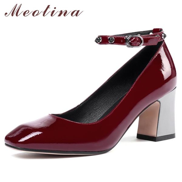 

dress shoes meotina high heels women pumps patent leather thick heel party buckle square toe ankle strap female size 34-39, Black