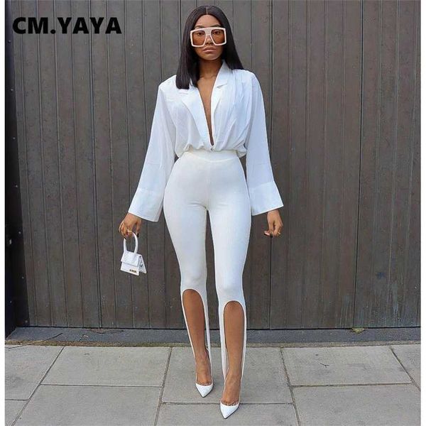 

cm.yaya women knit solid high slit legging pants streetwear party high waist trousers 211008, Black;white