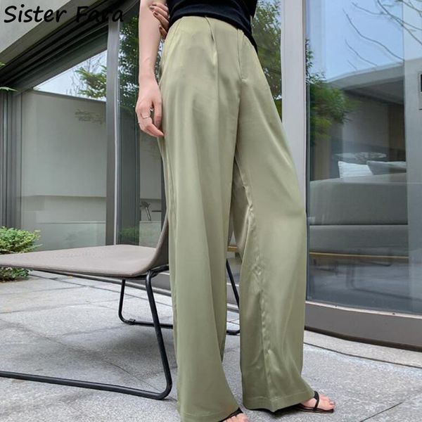 

women's pants & capris sister fara summer high waist satin wide leg female elegant solid casual full length ladies straight trousers sp, Black;white