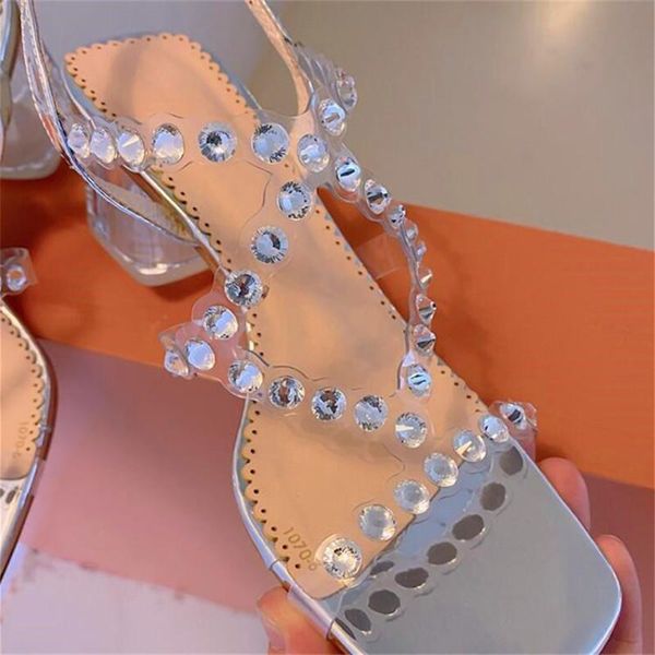 

crystal heel square toe ladies high heels silver rhinestone decoration strap summer party sandals, Black