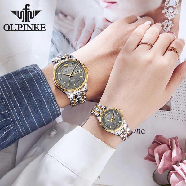 

couple watch oelvs automatic mechanical tungsten steel waterproof clock valentine's day gift 3170 wristwatches, Slivery;brown