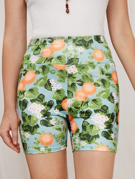 

floral & fruit print biker shorts k4fs#, Black