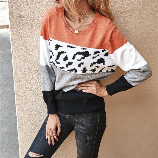 

women color block sweater autumn and winter long sleeve round neck leopard print pullover women's sweaters, White;black