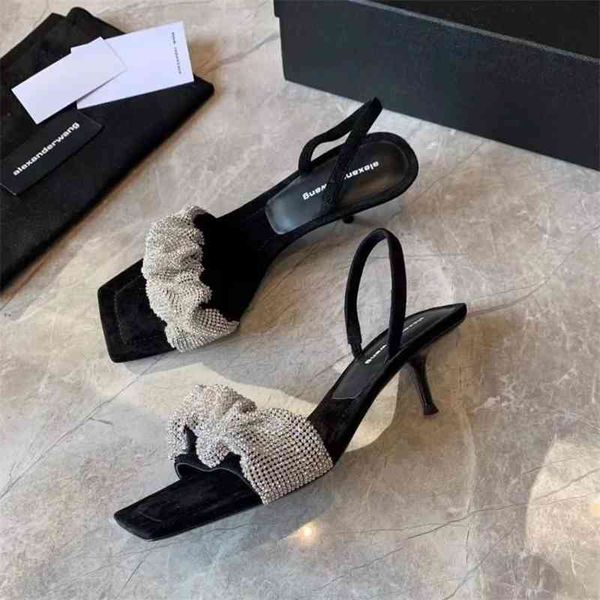 

[higher version]dawang 21 new summer diamond high heeled sandals with square head, Black