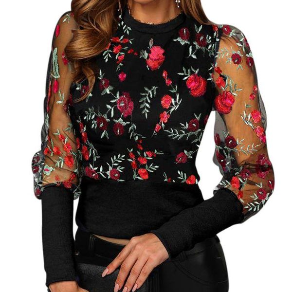 

lady embroidery lantern sheer mesh sleeve blouse shirts women autumn polka dot print blusa elegant see through pullovers ee women's blo, White