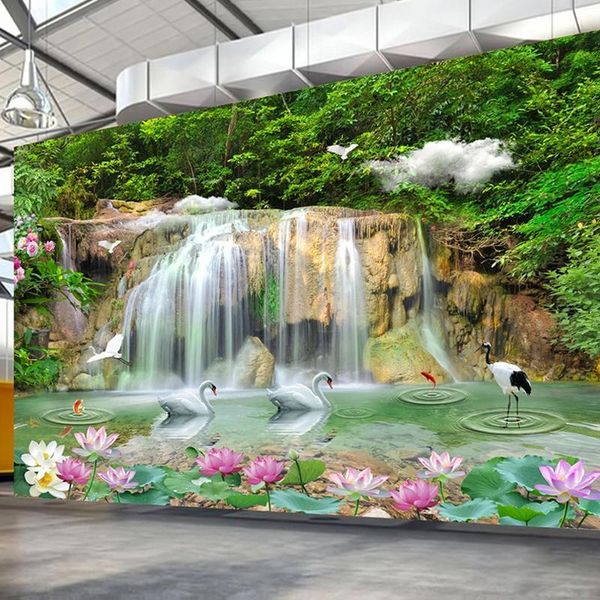 

wallpapers swan lotus waterfall green landscape custom 3d po wallpaper for living room bedroom tv background mural home decor