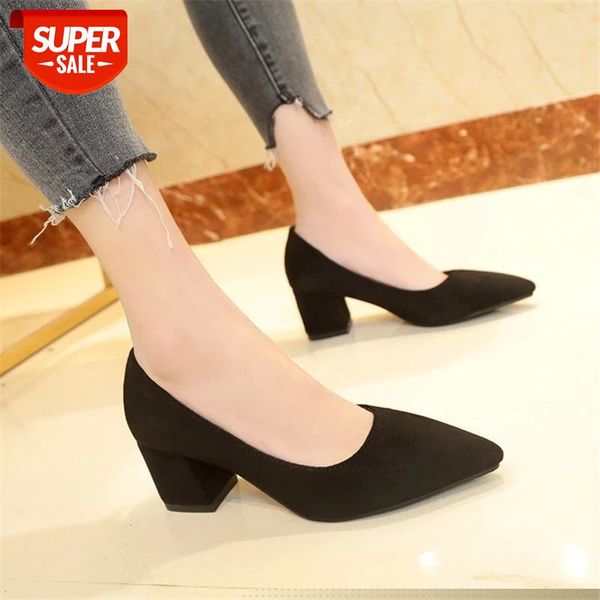 

suede high heels pumps women shoes 2019 spring autumn fashion shallow pointed square heel office female #sv2f, Black