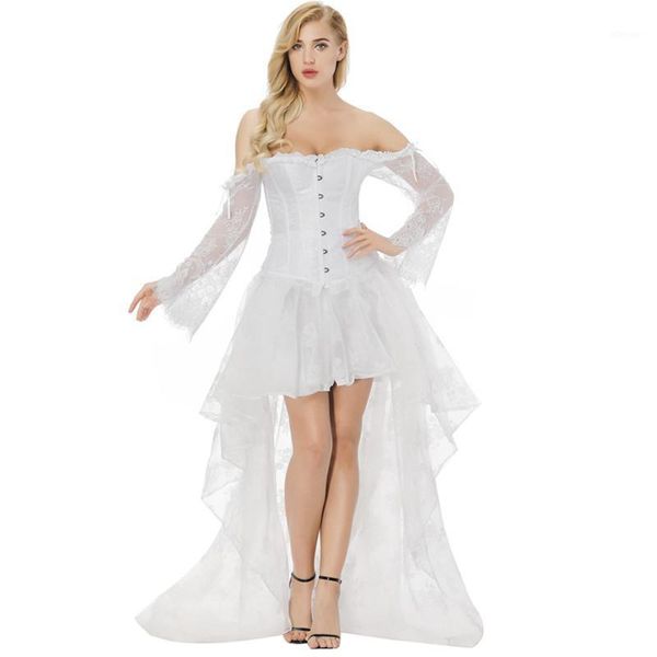 

bustiers & corsets white corset dress women's off shoulder long lace sleeves with skirt victorian bridal wedding costume, Black;white