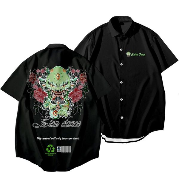 

men black print shirts short sleeve breathable men's casual loose turn-down-collar blouse, White;black