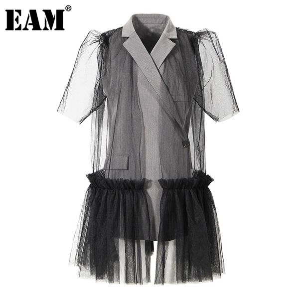 

[eam] women gray mesh irreuglar long blazer lapel short sleeve loose fit jacket fashion spring summer 1dd8663 211122, White;black