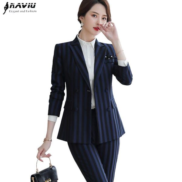 

blue stripe professionl pants suits autumn winter fromal fashion long sleeve blazer and office ladies casual work wear women's two piec, White