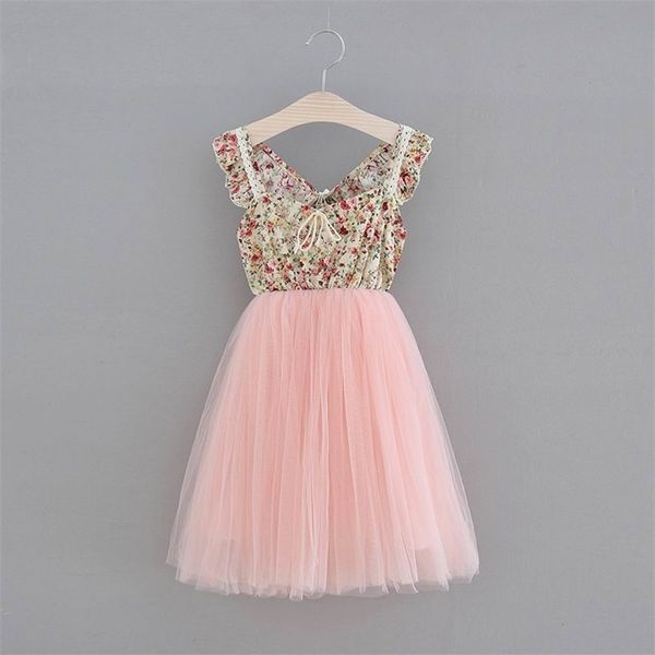 

retail girl princess dress beige floral mid calf length soft pink gauze backless sweet children clothing 2-7y hh001 210610, Red;yellow