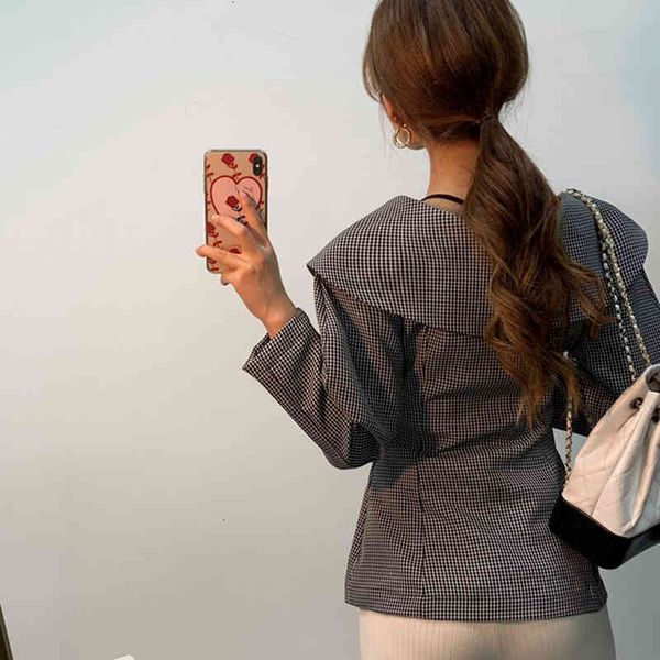 

women's suits & blazers blazers turn-down neck double-breasted plaid women suit jacket full sleeve slim waist sashes female blazer outw, White;black