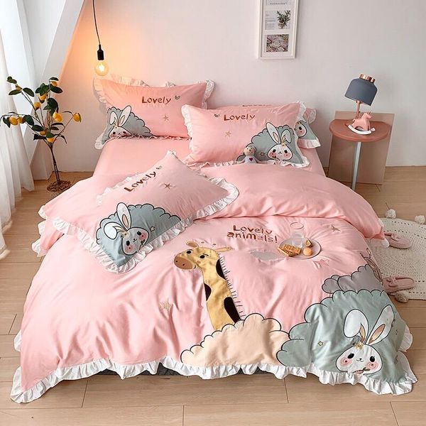 

bedding sets home-2021-pink cartoon embroidery egyptian cotton set king duvet cover and pillow cases ropa de cama
