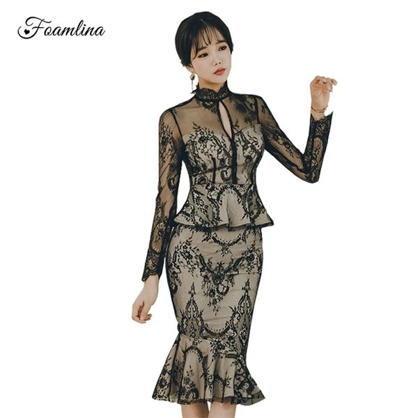 

elegant women vintage lace peplum sheath dress see through mesh key hole long sleeve casual work office bodycon dresses 210603, Black;gray