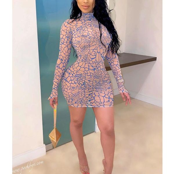

autumn skinny bodycon mini dress women turtleneck long sleeve printed party casual dresses, Black;gray