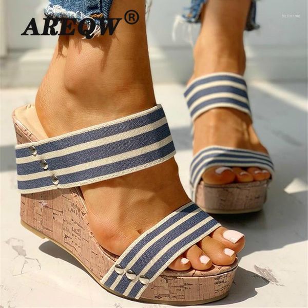 

summer 2021 women striped sandals platform wedges high heel peep toe slip on casual fashion beach ladies shoes1, Black