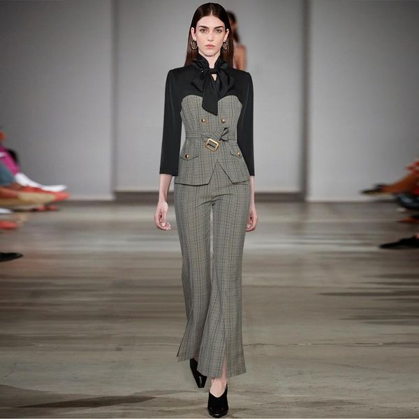

women's tracksuits gedivoen office lady elegant suit women 3/4 sleeve belt and plaid long pants 2 twoÂ piecesÂ set fashion designer ladi, Gray