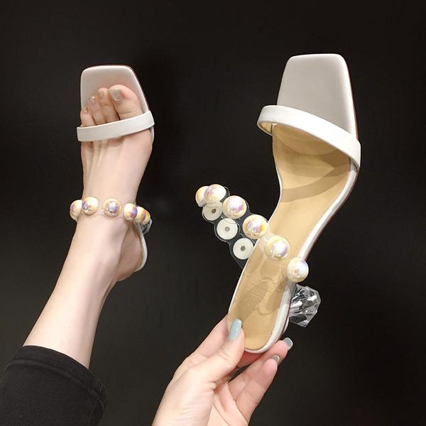 

slippers shoes glitter slides women summer heeled mules pantofle fashion jelly high 2021 luxury pumps pu rome rubber hoof, Black