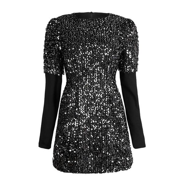 

casual dresses vsue black o-neck long sleeve empire sequined patchwork mini a-line dress female women spring d2335, Black;gray