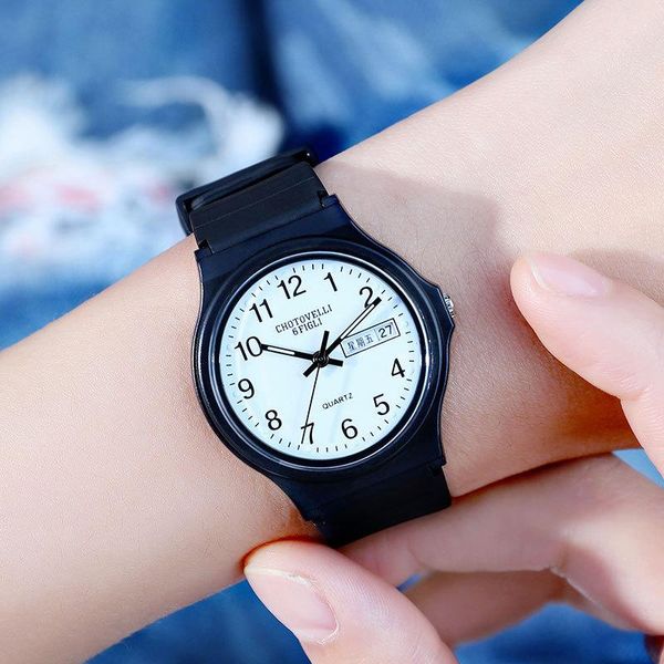 

wristwatches leisure sports dual calendar neutral watch waterproof silica gel small bla quartz, Slivery;brown