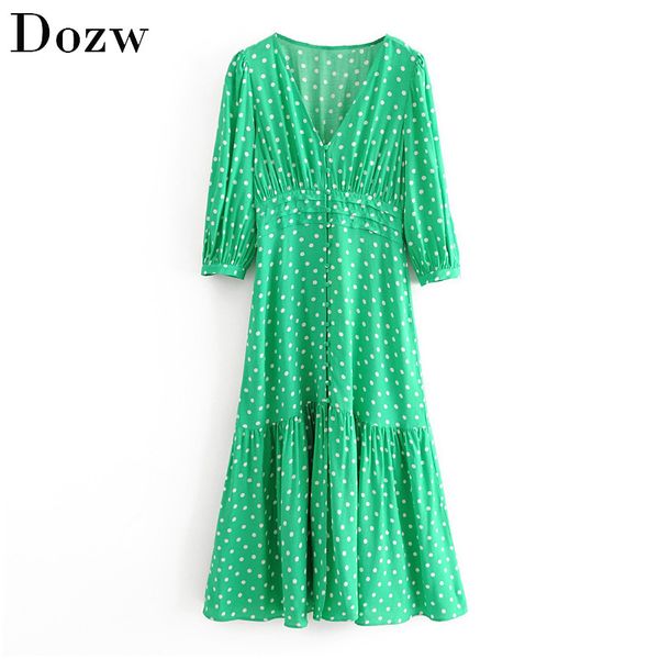 

women elegant v neck polka dot long dress lantern sleeve vintage dress female button elastic waist fashion lady pleated dresses 210414, Black;gray