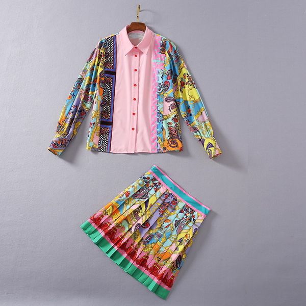 

two piece dress european and american women's wear winter style long-sleeved vintage printed shirt pleated skirt fashionable pink suit, White