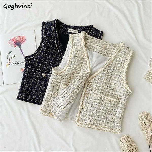

vests women plaid retro golden buttons v-neck fashion korean style all-match elegant outwear summer office lady sleeveless women's, Black;white