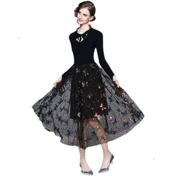 

very fairy evening dress embroidered mesh women's autumn and winter 2021 temperament stitched long sleeve knitted skirt, Black;gray