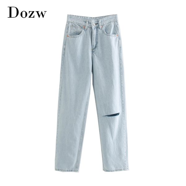 

high waist straight hole jeans women streetwear long cowboy pants ladies denim trousers bottoms jeans mujer 210414, Blue