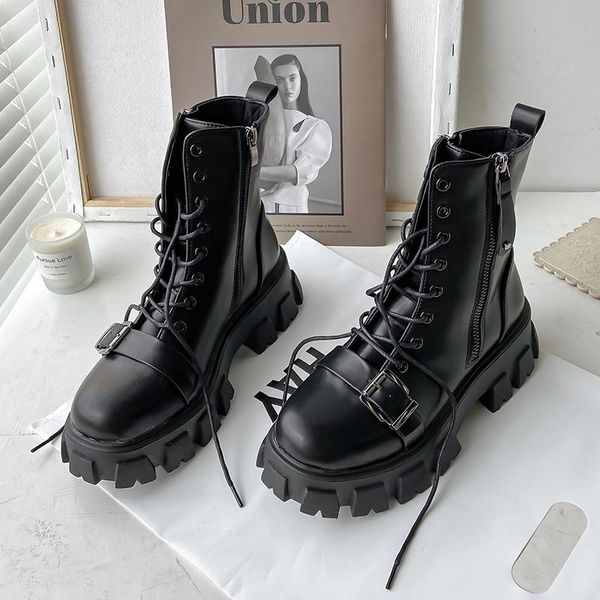 

autumn ankle boots for women motorcycle chunky heels casual round toe platform boot wedges shoes female, Black