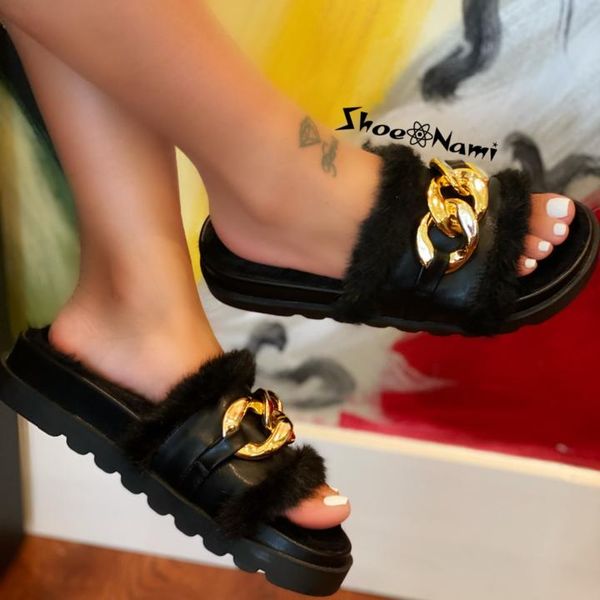 

slippers fashion autumn winter women flat platform short plush flip flops shoes woman lady furry sandals, Black