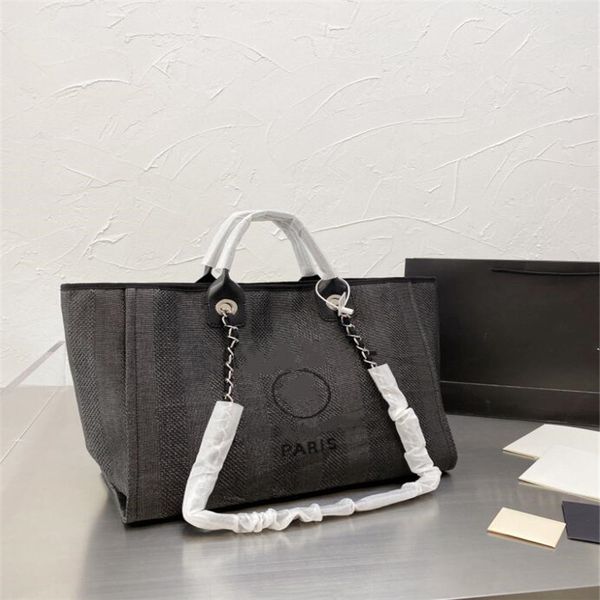 

women luxury handbags designer deauville beach bag fashion knitting purse shoulder large tote with chain canvas shopping bags 01