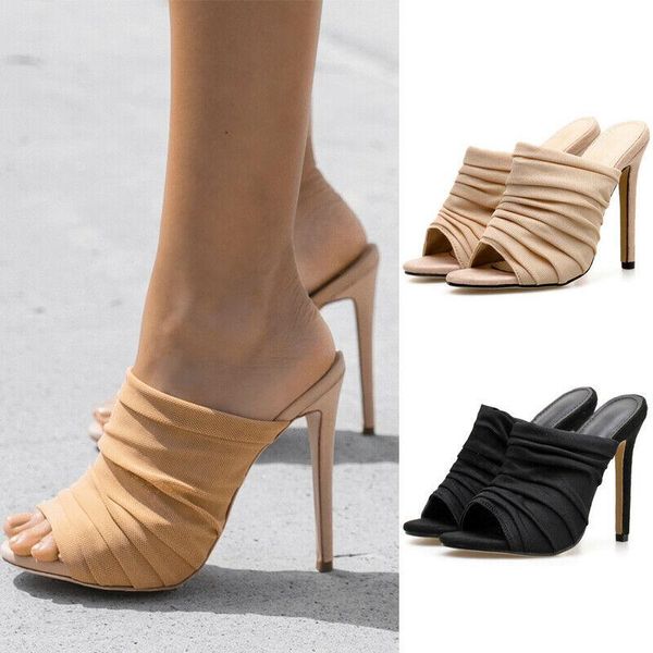 

slippers women gauze crinkle mules ladies peep to high heels sandals stiletto shoes party, Black